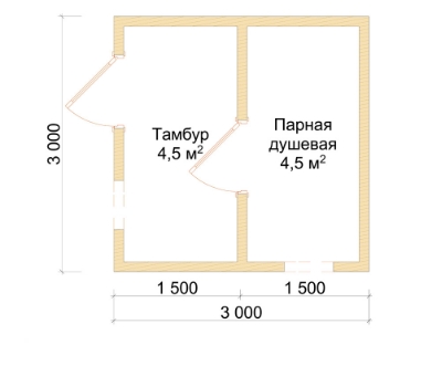 Проект бани 3х3 стандарт 5 стен с размерами